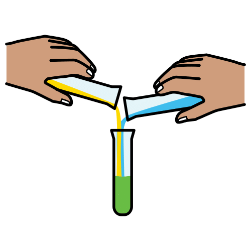 La imagen muestra un dibujo de dos manos con tubos de ensayo que mezclan los líquidos amarillos y azules para obtener el color verde.
