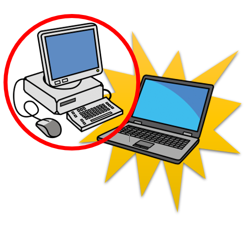 La imagen muestra un dibujo de un ordenador de sobremesa antiguo destacado por un círculo rojo. A su lado hay un portátil nuevo.