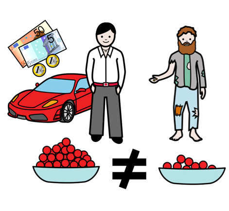 La imagen muestra un dibujo de un hombre con mucho dinero separado por el signo desigual de otro hombre con poco dinero.