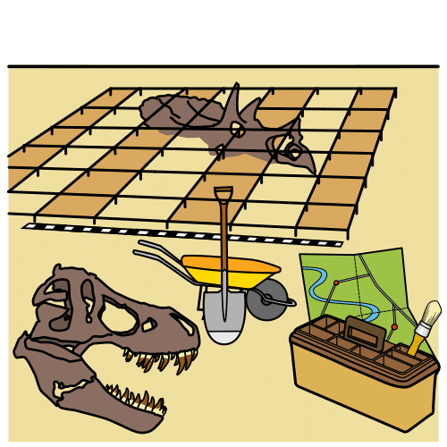La imagen muestra un dibujo de una excavación arqueológica. Hay una pala, una carretilla, un mapa, una caja de herramientas y dos calaveras de dinosaurio, una de ellas medio enterrada.