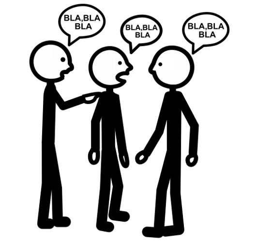 La imagen muestra un dibujo de tres personas de pie manteniendo una conversación.