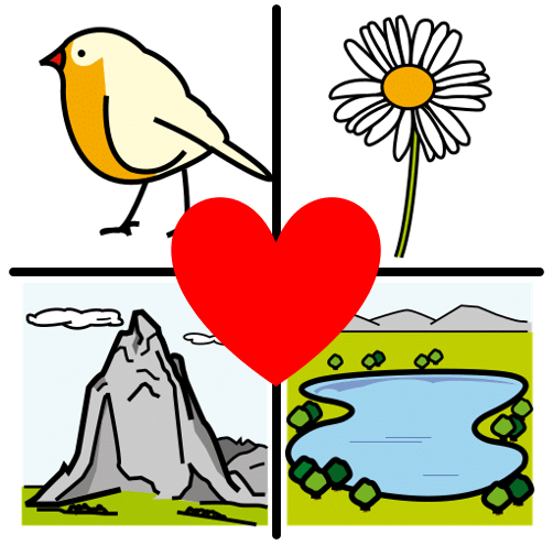La imagen muestra un dibujo de cuatro elementos de la naturaleza con un corazón en el centro. Los elementos son: pájaro, flor, montaña y lago.