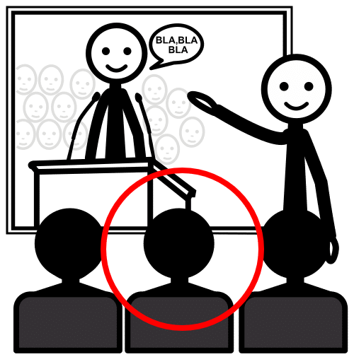 La imagen muestra un dibujo de dos personas hablando en un escenario y otras tres personas sentadas observando. Una de las personas del público está destacada con un círculo rojo.