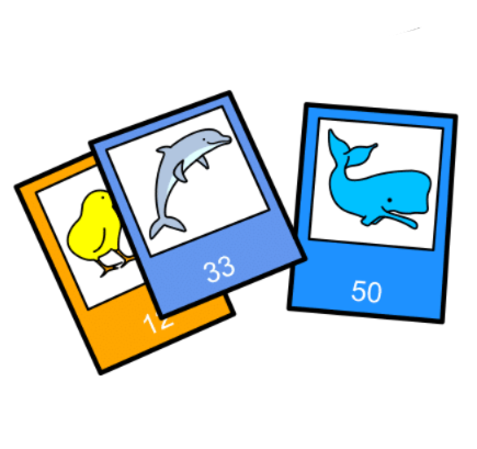 La imagen muestra un dibujo de tres cromos de animales. Los animales son: pollito, delfín y ballena.