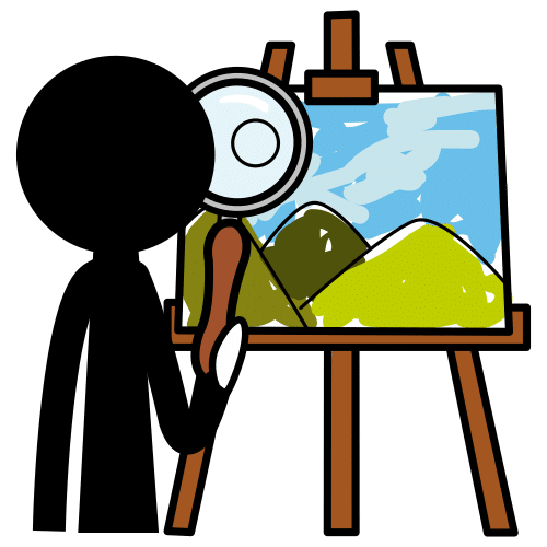 La imagen muestra un dibujo de una persona mirando un cuadro con lupa.