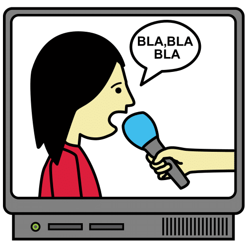 La imagen muestra un dibujo de una mujer dando información a un micrófono que está sostenido por una mano. Todo ello sucede dentro de un televisor.