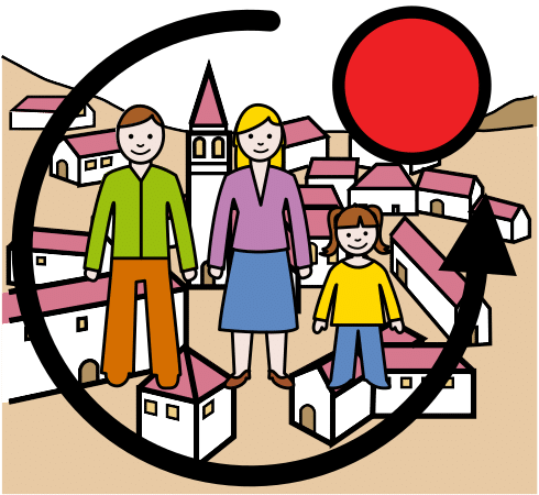 La imagen muestra un dibujo de un pueblo. Encima hay un dibujo de un hombre, una mujer, una niña y un círculo rojo rodeados de una flecha.