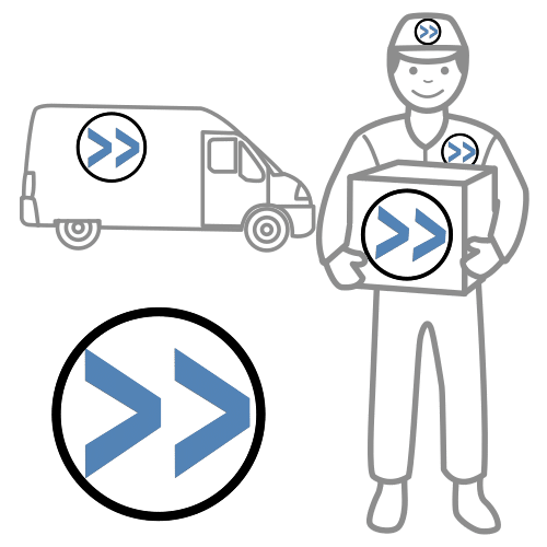 La imagen muestra un dibujo de una furgoneta y de un repartidor con un paquete. En todos los sitios aparece el mismo símbolo que son dos signos de mayor que.