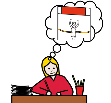 La imagen muestra un dibujo de una niña trabajando en un escritorio que piensa en una meta.