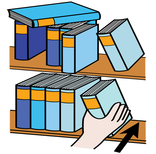La imagen muestra un dibujo de un estante con libros desordenados y otro estante con libros ordenados por una mano.
