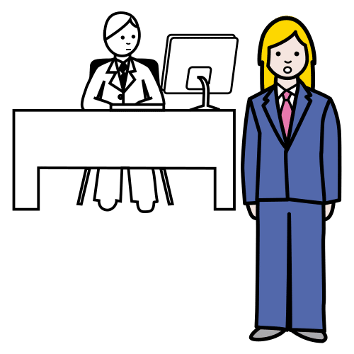 La imagen muestra un dibujo de una mujer vestida de traje al lado de la mesa de un ejecutivo.