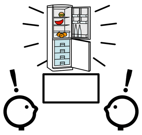 La imagen muestra un dibujo de un frigorífico nuevo encima de un escenario y dos personas admiradas.