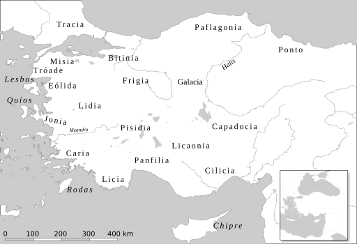 Mapa con el nombre de las regiones de Asia Menor en la Antigüedad
