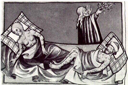 Representación medieval en la que aparecen dos afectados por la epidemia de Peste Bubónica. Puedes apreciar cómo el cuerpo se les cubría de bubas o bultos hinchados. 