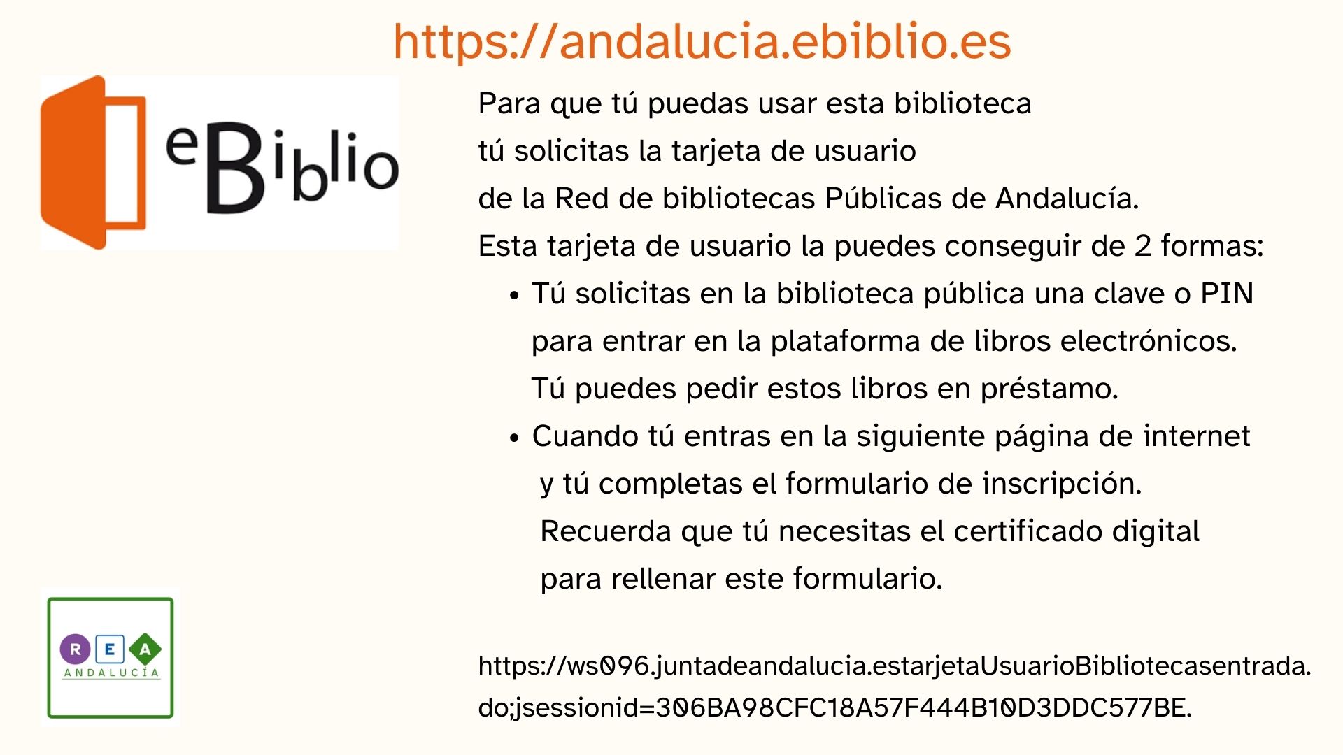 La imagen muestra la infografía donde se explica la primera página del servicio eBiblio con texto, imágenes y un enlace web en lectura facilitada