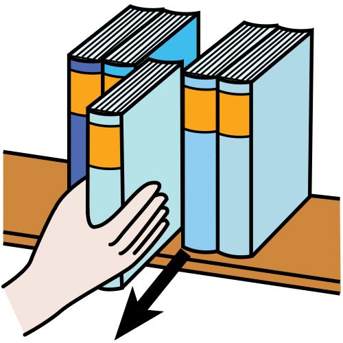 La imagen muestra el pictograma coger un libro donde se observa una mano cogiendo un libro de un estante