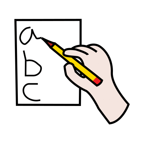 La imagen muestra el pictograma escribir donde se observa una mano que sujeta un lápiz que escribe letras sobre un papel