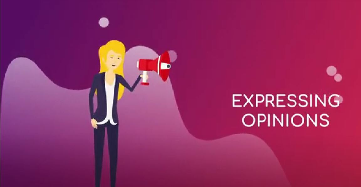 El vídeo muestra una serie de personajes que explican cómo expresar opiniones en inglés.