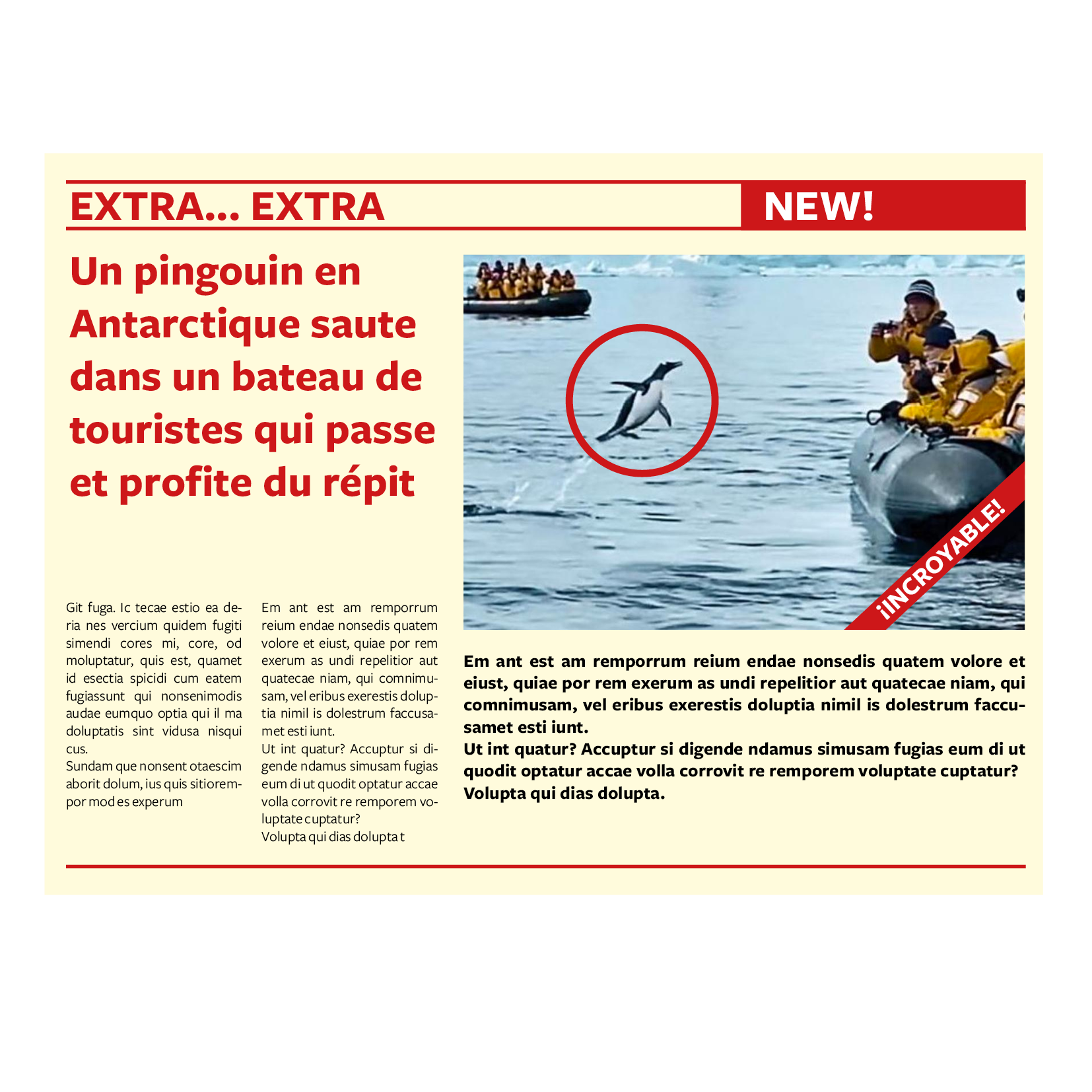 La imagen muestra la imagen de la noticia de un periódico en francés con la imagen de un pingüino saltando a un barco.