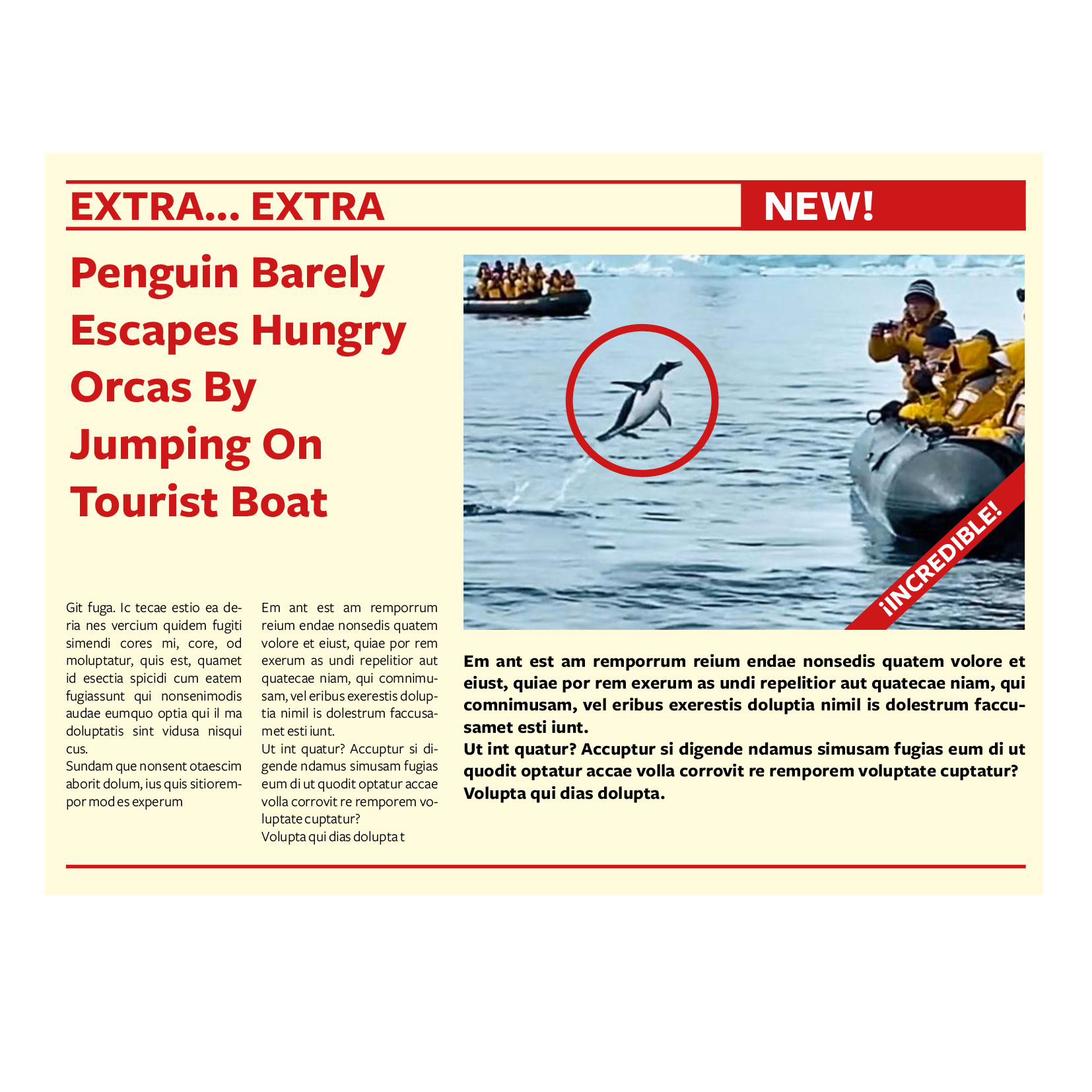 La imagen muestra la imagen de la noticia de un periódico en francés con la imagen de un pingüino saltando a un barco.