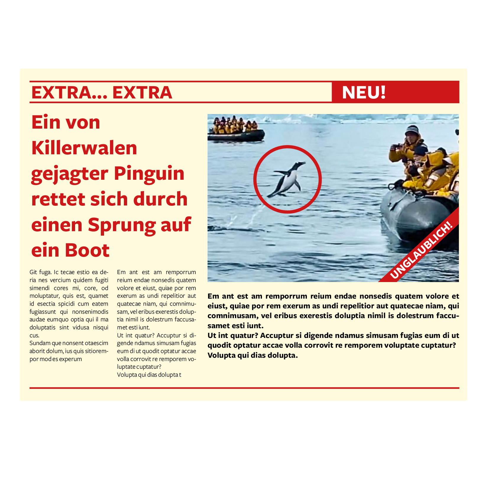La imagen muestra la imagen de la noticia de un periódico en alemán con la imagen de un pingüino saltando a un barco.