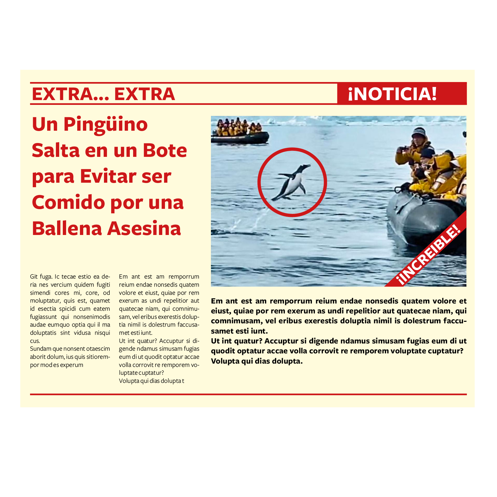 La imagen muestra la imagen de la noticia de un periódico en español con la imagen de un pingüino saltando a un barco.
