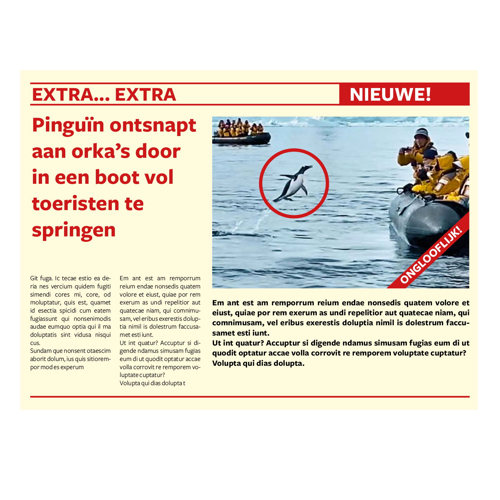 La imagen muestra la imagen de la noticia de un periódico en neerlandés con la imagen de un pingüino saltando a un barco.