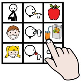 La imagen muestra un tablero de comunicación con pictogramas y un dedo señalando uno de ellos.