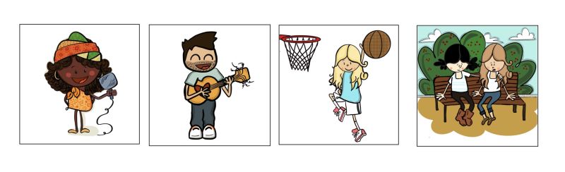 Aparecen varios cuadrados con los siguientes dibujos: una niña cantando, un niño tocando la guitarra, una niña jugando al baloncesto y dos niñas sentadas en un banco una triste y la otra escuchando.