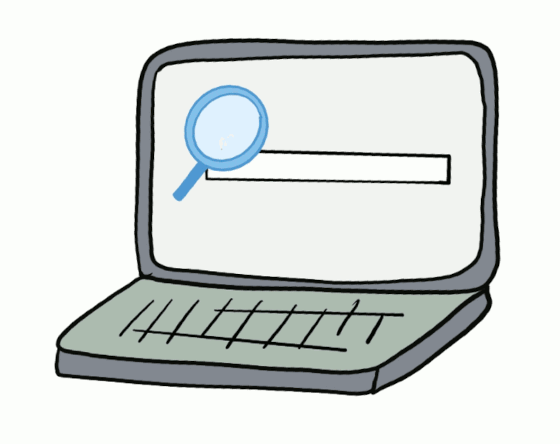 Aparece un ordenador con una lupa que indica búsqueda de la frase: Títulos de cómics.