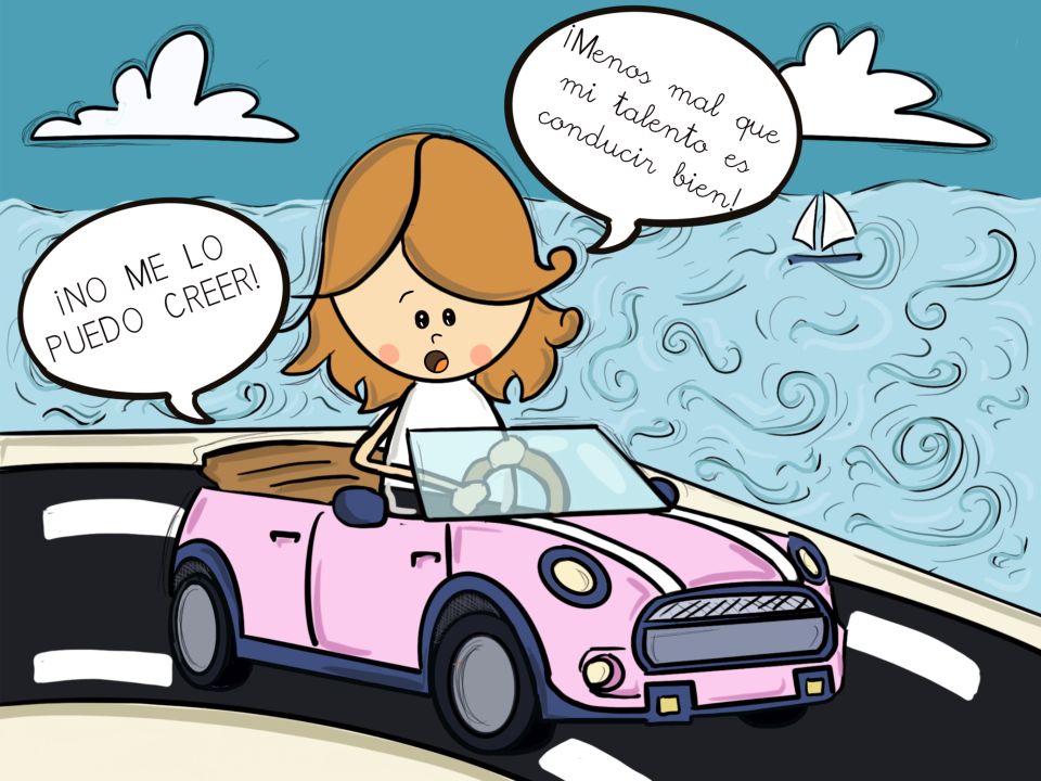 Aparece una persona conduciendo un coche rosa. Al fondo se ve el mar. Hay dos mensajes: uno dice que el talento de esa persona es conducir y el otro indica que gracias a ese talento ha evitado un problema.
