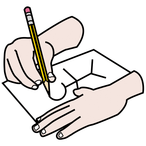 Dibujo donde se ven dos manos, una de las cuales sujeta un lápiz que dibuja sobre un folio un monigote que representa a una persona.