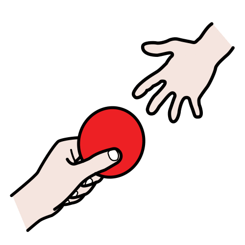 Dibujo de un brazo extendido donde una mano sujeta una pelota de color rojo hacia otra mano que aparece en el lado opuesto.
