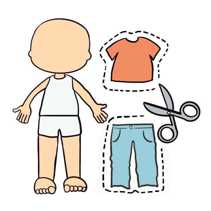 Aparece una silueta de un cuerpo, un pantalón, una camiseta y unas tijeras con línea discontinua que indica que hay que recortar.