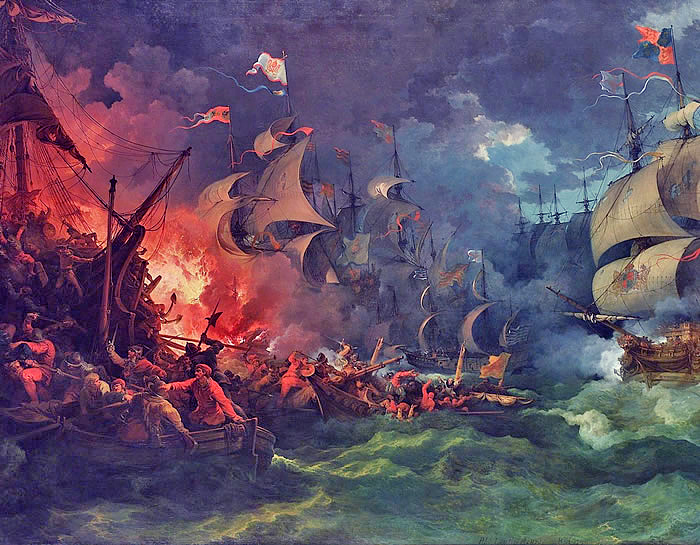 Cuadro de Louthebourg que muestra la destrucción de la Armada Invencible. Para construirla, fue necesario talar muchos bosques con los que obtener madera para los astilleros. 