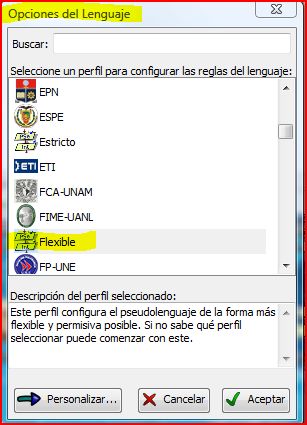 Configuración de PSeInt con pseudocódigo flexible
