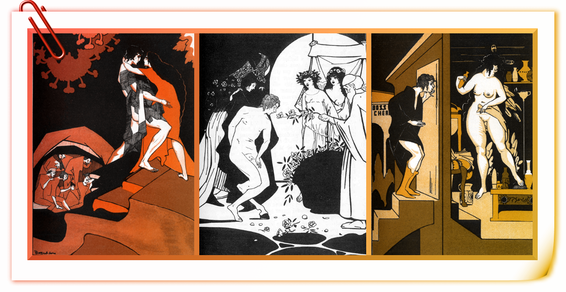 Tres ilustraciones que muestran diversos momentos iniciales de la novela, cuando Lucio llega a casa de la bruja