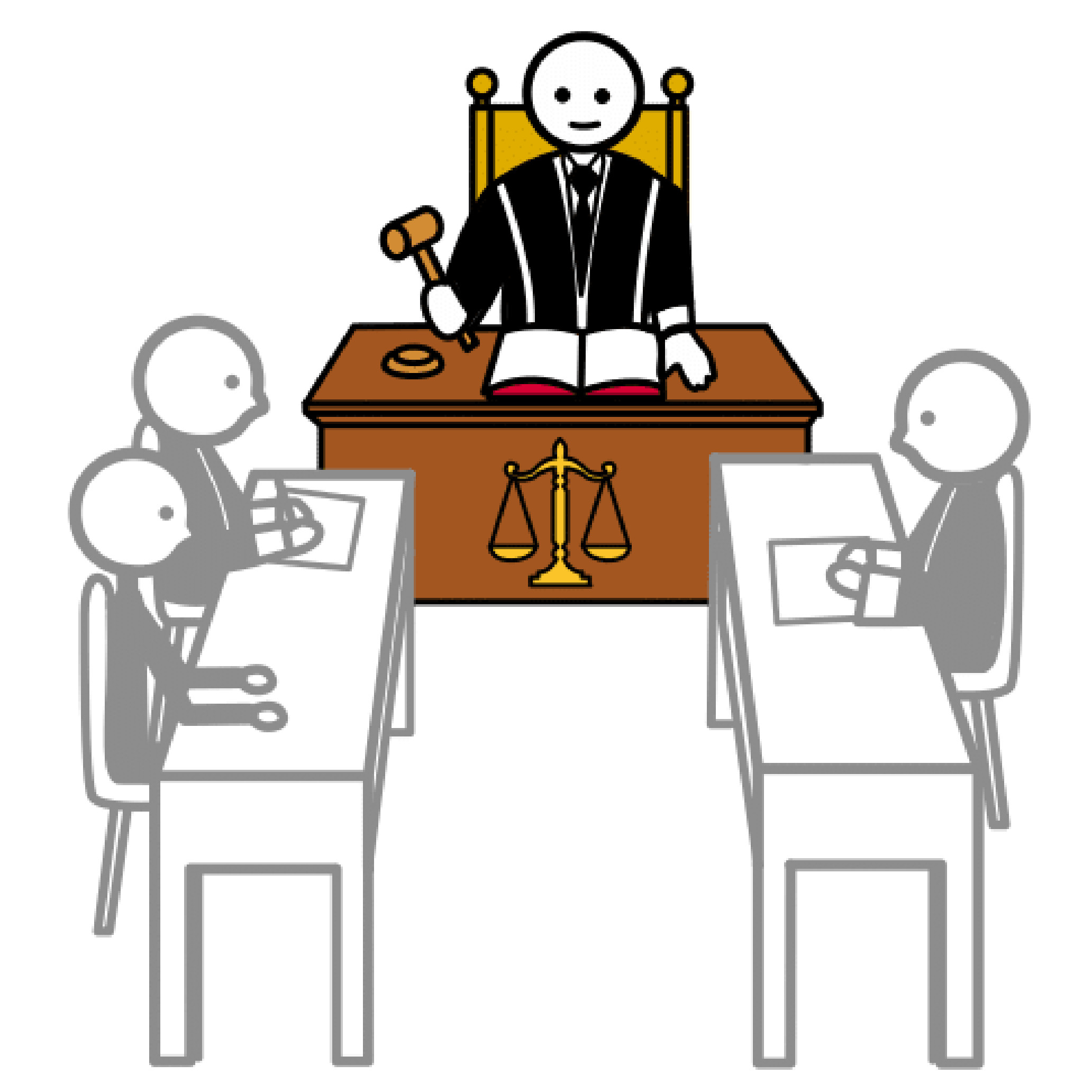 De frente un juez sentado en el centro, levanta el mazo ante tres personas de perfil sentadas frente a frente.