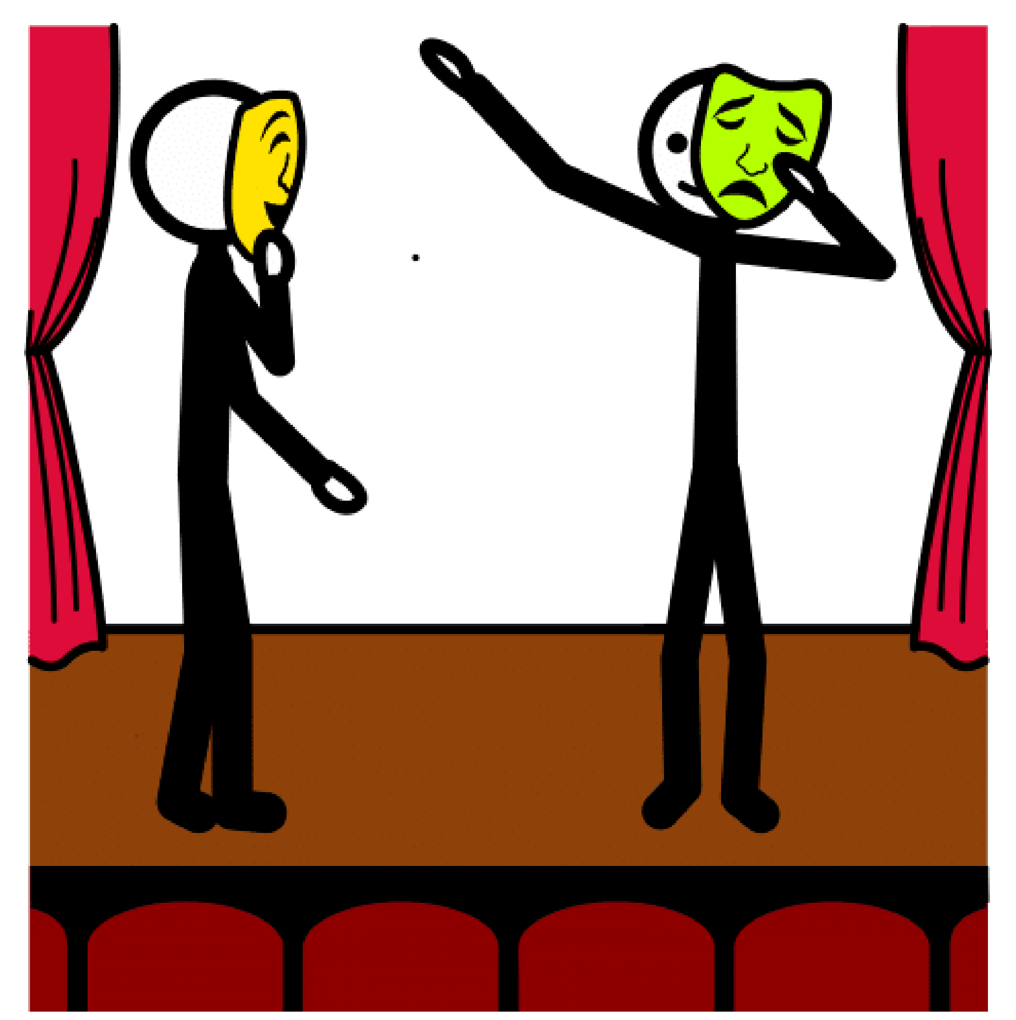 Dos personas, en un escenario, actúan. La persona de la izquierda lleva máscara amarilla,la persona de la derecha lleva máscara verde.