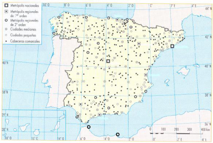 Mapa de España que muestra la jerarquización de las ciudades españolas en función de su número de habitantes.