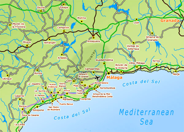 Mapa de la Costa del Sol en Málaga en el que se puede observar el continuo urbano de poblaciones que han ido creciendo a lo largo del litoral malacitano.