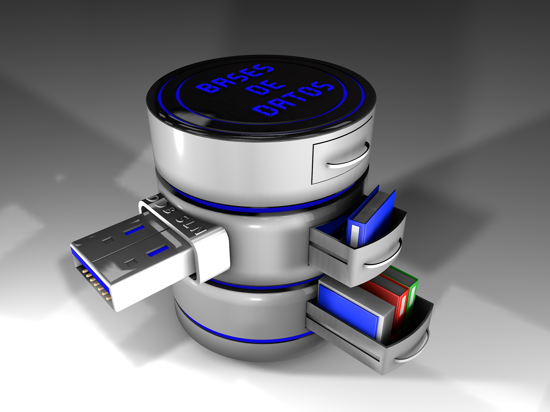 La imagen muestra el icono de una base de datos formado por el dibujo de varios discos de color gris dispuestos formando un cilindro. En esos discos se puede ver la representación de una toma USB y varios cajones abiertos con archivadores en su interior para simbolizar que almacena datos.