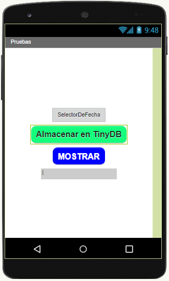 La imagen muestra la pantalla de un móvil con cuatro componentes centrados, el primero es un selector de fecha, el segundo un botón almacenar, debajo un botón mostrar y finalmente una etiqueta vacía