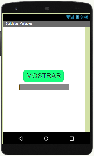 La imagen muestra la pantalla de un móvil con dos componentes centrados y en vertical, el primero es un botón mostrar sobre una etiqueta vacía
