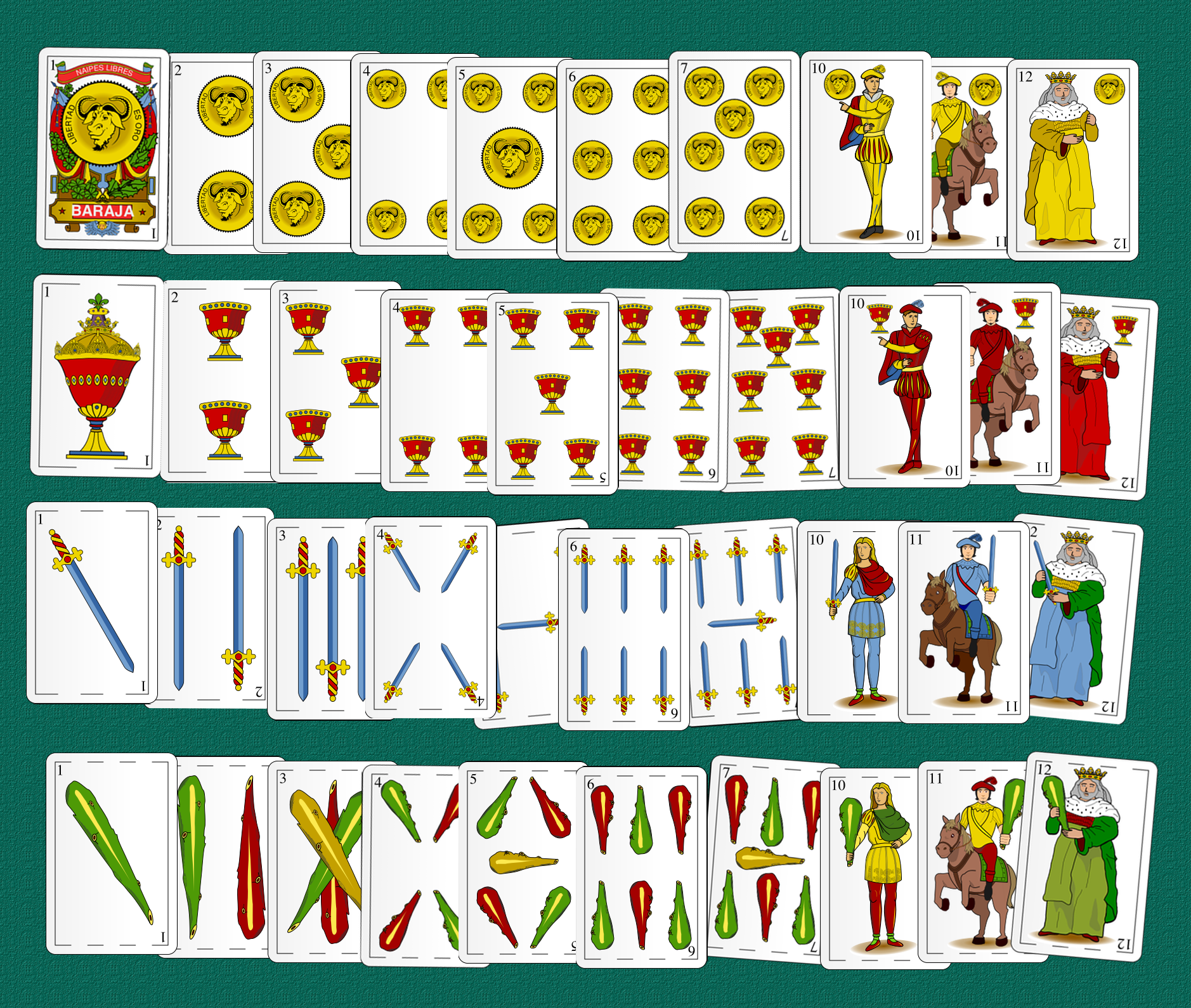 La imagen muestra las 40 cartas de una baraja española de manera ordenada