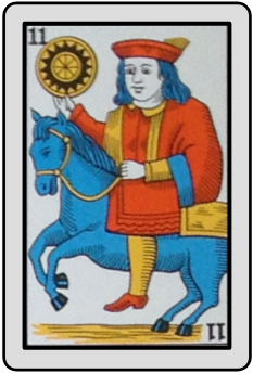 La imagen muestra la carta de la baraja española 11 de oros, el caballero
