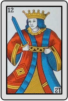 La imagen muestra la carta de la baraja española número doce de espadas, el rey