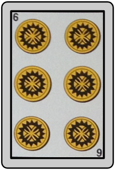 La imagen muestra la carta de la baraja española seis de oros
