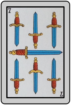 La imagen muestra la carta de la baraja española siete de espadas