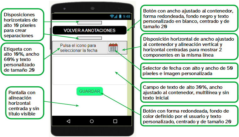 La imagen muestra una pantalla de un móvil que contiene varios componentes que han sido configurados para que muestren el aspecto adecuado